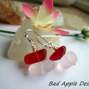 Red & Pink Sea Glass Pebble Silver Dangle Earrings